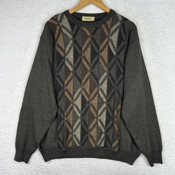 Montechiaro Italy Merino Wool Blend Sweater Mens Brown Geometric Crewneck